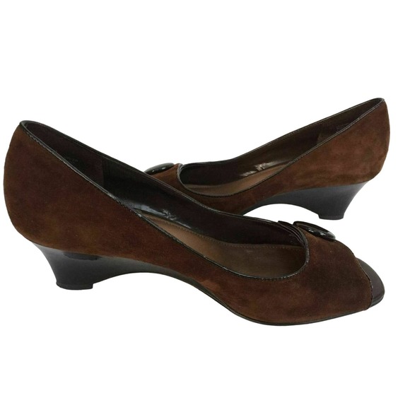 Vintage Franco Sarto Heels Brown Fine Leather Suede Open Toe Wedge Button 8.5 M - Picture 1 of 12